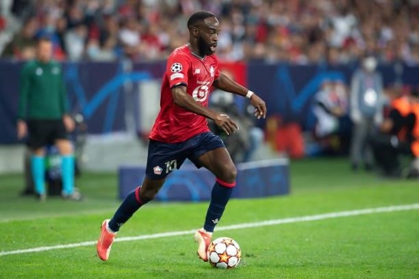 Jonathan Ikone of Lille OSC controls the ball during the UEFA Champions League group G match between Lille OSC and VfL Wolfsburg at Stade...