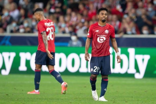 Angel Gomes of Lille OSC looks dejected during the UEFA Champions League group G match between Lille OSC and VfL Wolfsburg at Stade Pierre-Mauroy on...