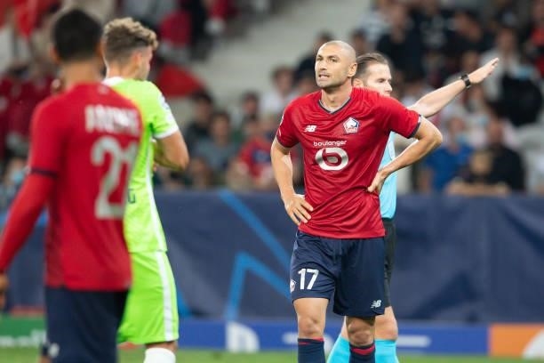 Burak Yilmaz of Lille OSC looks on during the UEFA Champions League group G match between Lille OSC and VfL Wolfsburg at Stade Pierre-Mauroy on...