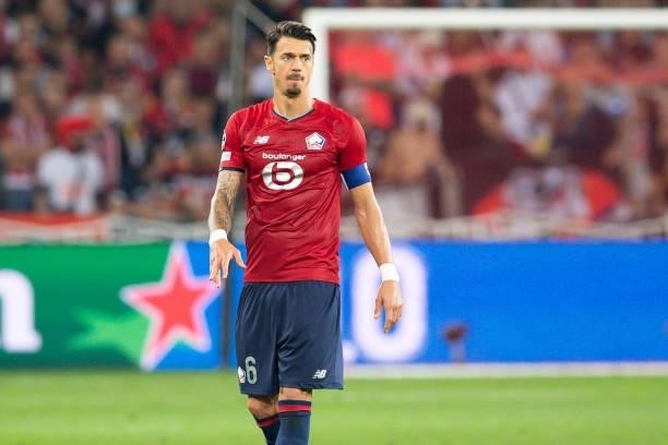 Jose Fonte of Lille OSC looks on during the UEFA Champions League group G match between Lille OSC and VfL Wolfsburg at Stade Pierre-Mauroy on...