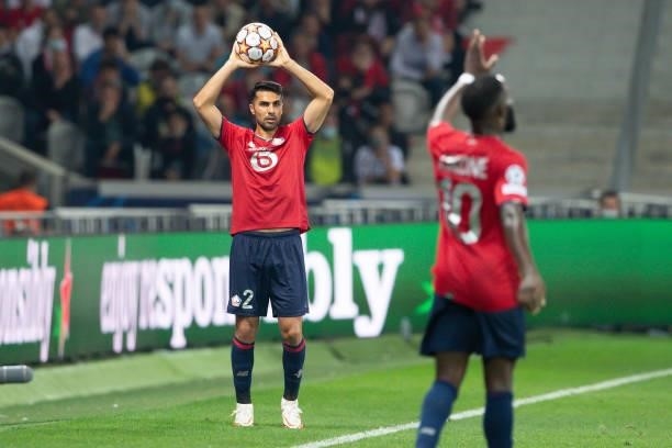 Zeki Celik of Lille OSC throw in during the UEFA Champions League group G match between Lille OSC and VfL Wolfsburg at Stade Pierre-Mauroy on...