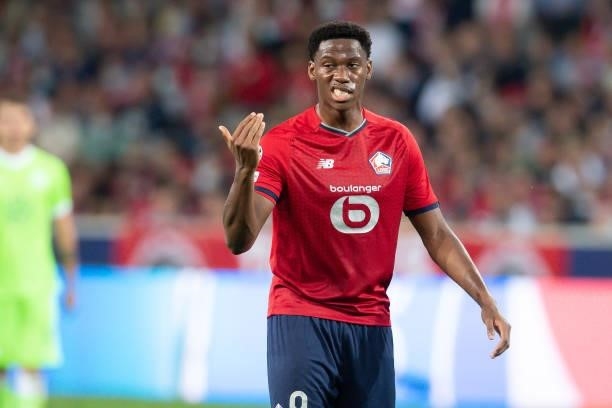 Jonathan David of Lille OSC gestures during the UEFA Champions League group G match between Lille OSC and VfL Wolfsburg at Stade Pierre-Mauroy on...