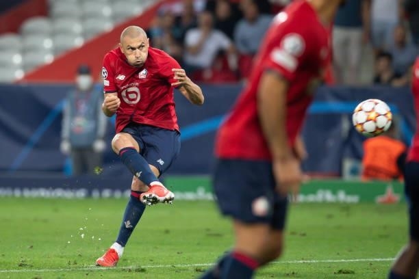 Burak Yilmaz of Lille OSC controls the ball during the UEFA Champions League group G match between Lille OSC and VfL Wolfsburg at Stade Pierre-Mauroy...