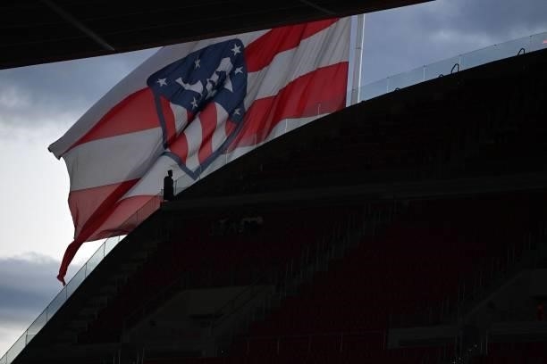 Atletico Madrid flag flies before the UEFA Champions League first round group B football match between Atletico Madrid and Porto at the Wanda...