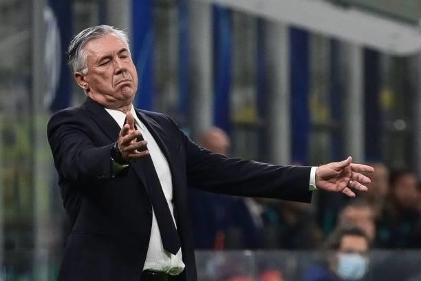 Real Madrid's Italian coach Carlo Ancelotti reacts during the UEFA Champions League Group D football match between Inter Milan and Real Madrid on...