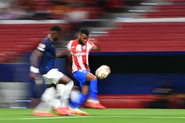 Atletico Madrid's French midfielder Thomas Lemar kicks the ball during the UEFA Champions League first round group B football match between Atletico...