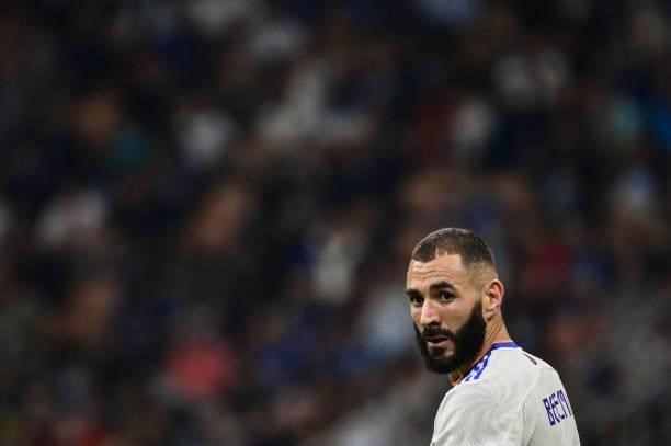 Real Madrid's French forward Karim Benzema looks on during the UEFA Champions League Group D football match between Inter Milan and Real Madrid on...