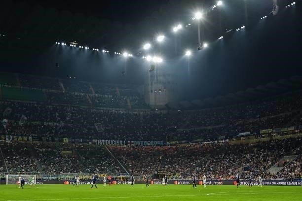 General view shows the public in the tribunes during the UEFA Champions League Group D football match between Inter Milan and Real Madrid on...