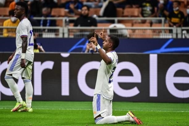 Real Madrid's Brazilian forward Rodrygo celebrates after opening the scoring during the UEFA Champions League Group D football match between Inter...