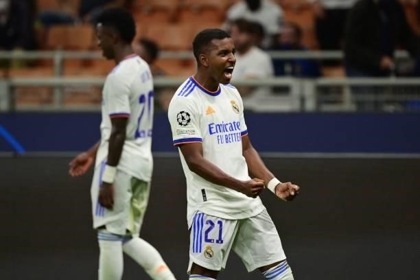 Real Madrid's Brazilian forward Rodrygo celebrates after opening the scoring during the UEFA Champions League Group D football match between Inter...
