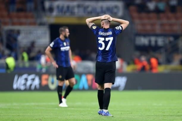Milan Skriniar of FC Internazionale looks dejected during the UEFA Champions League group D match between Inter and Real Madrid at Giuseppe Meazza...