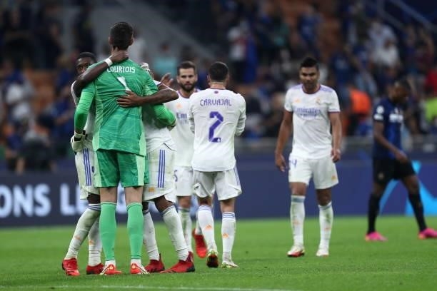 Players of Real Madrid CF celebrate after winning during the UEFA Champions League group D match between Inter and Real Madrid at Giuseppe Meazza...