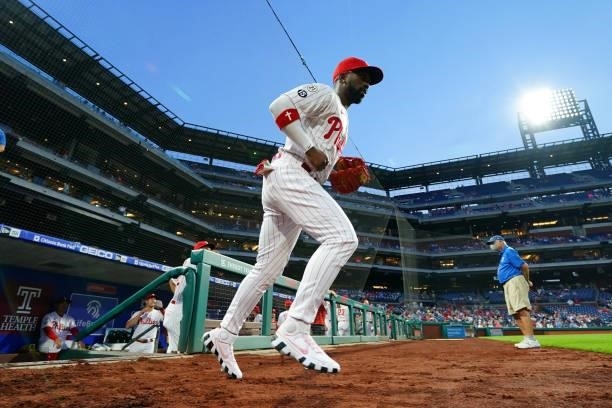 Andrew McCutchen of the Philadelphia Phillies takes the field before the game between the Chicago Cubs and the Philadelphia Phillies at Citizens Bank...