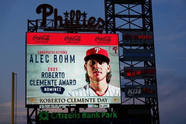 General view of the scoreboard with Roberto Clemente Award nominee Alec Bohm of the Philadelphia Phillies on display prior to the game between the...