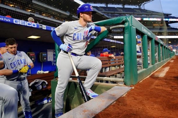Ian Happ of the Chicago Cubs looks on from the dugout before the game between the Chicago Cubs and the Philadelphia Phillies at Citizens Bank Park on...