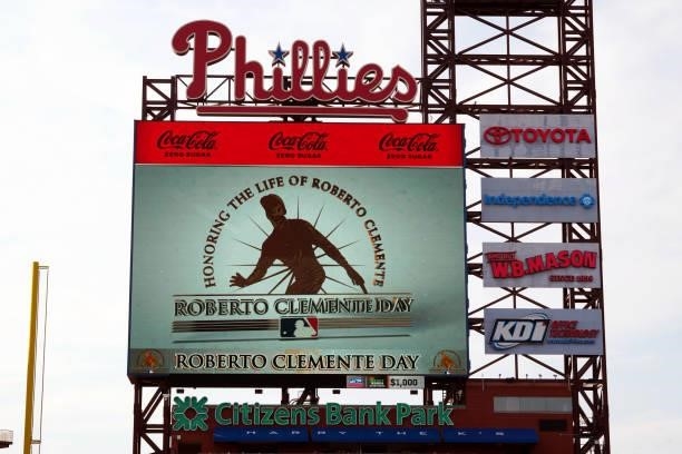 General view of the scoreboard with the Roberto Clemente Day logo on display prior to the game between the Chicago Cubs and the Philadelphia Phillies...