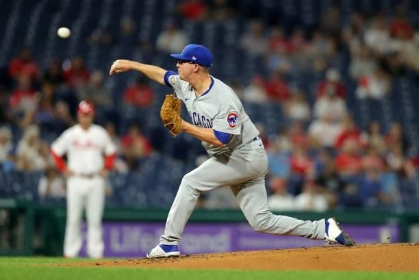 Starting pitcher Alec Mills of the Chicago Cubs delivers a pitch in the first inning during a game against the Philadelphia Phillies at Citizens Bank...