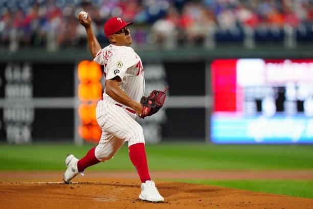 Ranger Suárez of the Philadelphia Phillies pitches during the game between the Chicago Cubs and the Philadelphia Phillies at Citizens Bank Park on...