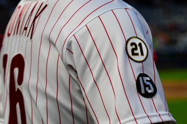 Detail shot of the Roberto Clemente patch worn by Mickey Moniak of the Philadelphia Phillies during the game between the Chicago Cubs and the...