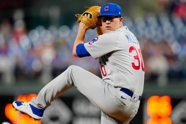 Alec Mills of the Chicago Cubs pitches during the game between the Chicago Cubs and the Philadelphia Phillies at Citizens Bank Park on Wednesday,...