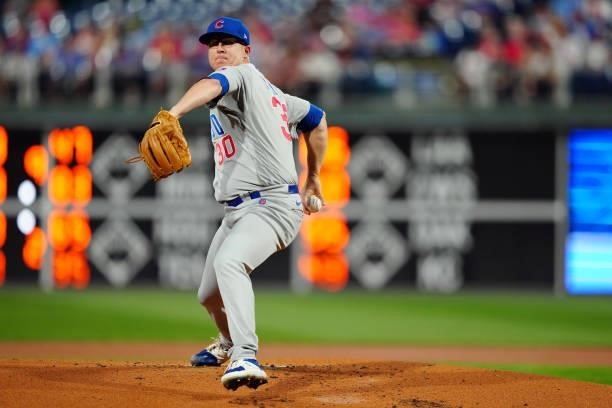 Alec Mills of the Chicago Cubs pitches during the game between the Chicago Cubs and the Philadelphia Phillies at Citizens Bank Park on Wednesday,...