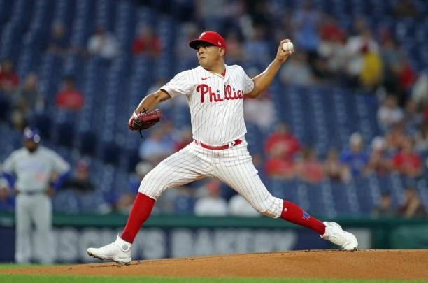 Starting pitcher Ranger Suarez of the Philadelphia Phillies delivers a pitch in the first inning during a game against the Chicago Cubs at Citizens...