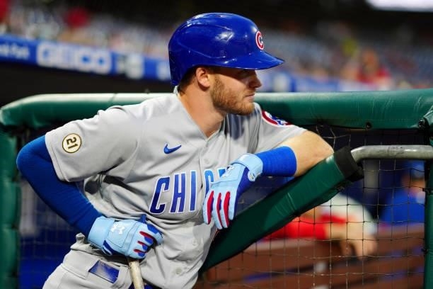 View of the Roberto Clemente patch worn by Ian Happ of the Chicago Cubs during the game between the Chicago Cubs and the Philadelphia Phillies at...