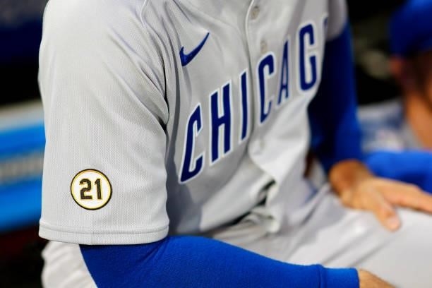 Detail shot of the Roberto Clemente patch worn by a member of the Chicago Cubs during the game between the Chicago Cubs and the Philadelphia Phillies...