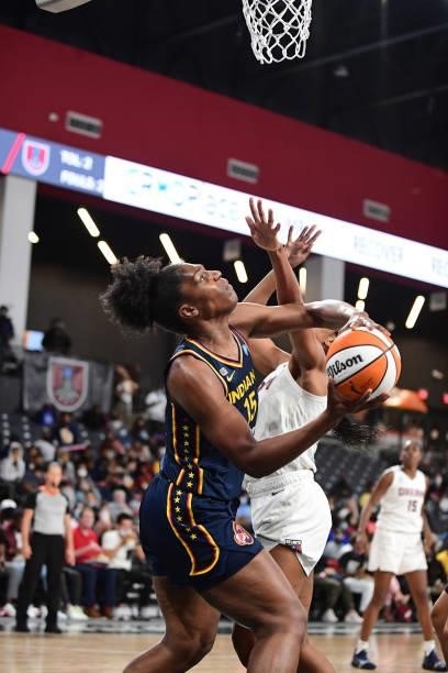 Teaira McCowan of the Indiana Fever handles the ball during the game against the Atlanta Dream on September 14, 2021 at Gateway Center Arena in...