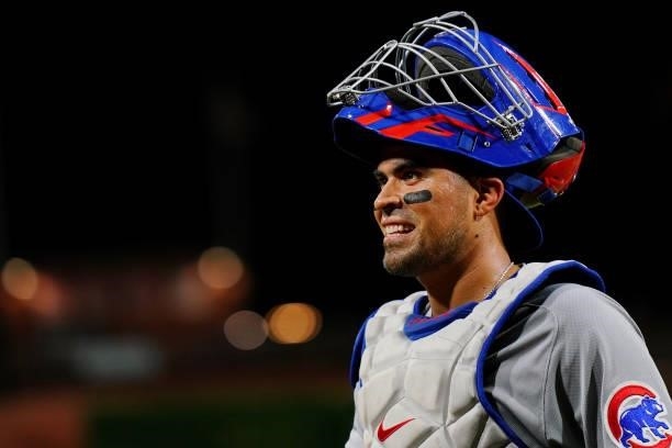 Robinson Chirinos of the Chicago Cubs looks on during the game between the Chicago Cubs and the Philadelphia Phillies at Citizens Bank Park on...