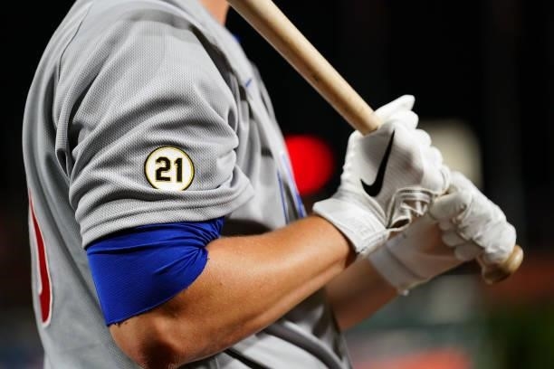 Detail shot of the Roberto Clemente patch worn by a member of the Chicago Cubs during the game between the Chicago Cubs and the Philadelphia Phillies...