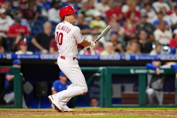 Realmuto of the Philadelphia Phillies hits a RBI single in the bottom of the fifth inning during the game between the Chicago Cubs and the...