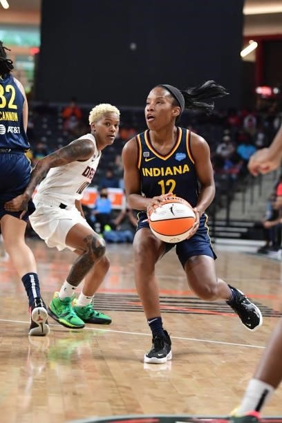 Lindsay Allen of the Indiana Fever handles the ball during the game against the Atlanta Dream on September 14, 2021 at Gateway Center Arena in...