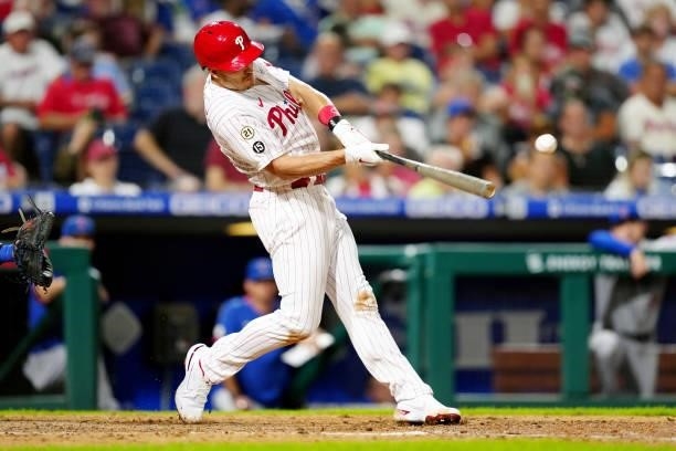 Realmuto of the Philadelphia Phillies hits a RBI single in the bottom of the fifth inning during the game between the Chicago Cubs and the...