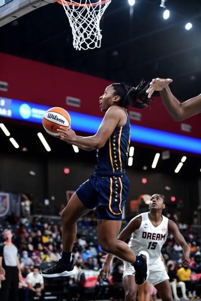 Lindsay Allen of the Indiana Fever drives to the basket during the game against the Atlanta Dream on September 14, 2021 at Gateway Center Arena in...