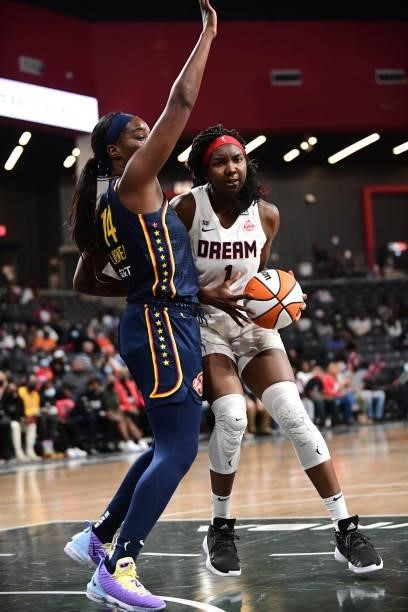 Elizabeth Williams of the Atlanta Dream handles the ball during the game against the Indiana Fever on September 14, 2021 at Gateway Center Arena in...