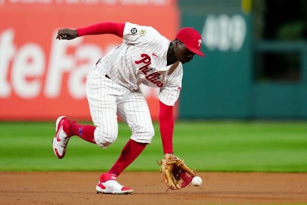 Didi Gregorius of the Philadelphia Phillies makes a play during the game between the Chicago Cubs and the Philadelphia Phillies at Citizens Bank Park...