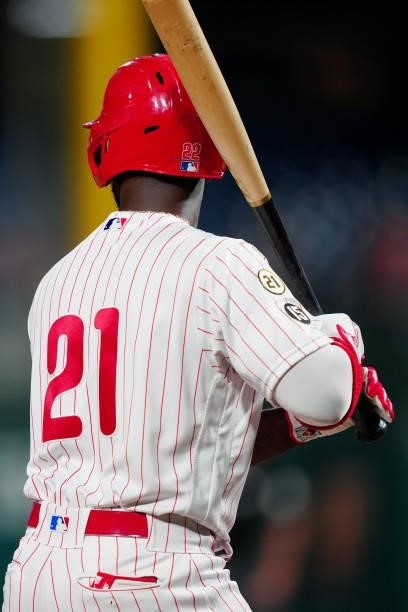 Andrew McCutchen of the Philadelphia Phillies is seen wearing in honor of Roberto Clemente Day during the game between the Chicago Cubs and the...