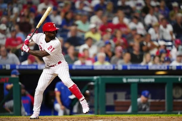 Andrew McCutchen of the Philadelphia Phillies bats during the game between the Chicago Cubs and the Philadelphia Phillies at Citizens Bank Park on...