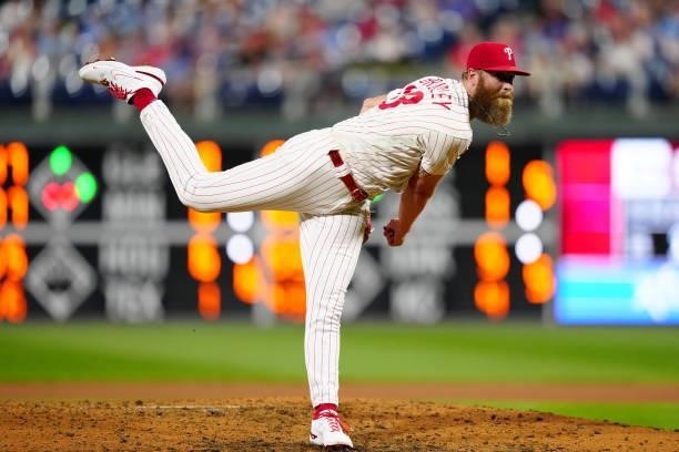 Archie Bradley of the Philadelphia Phillies pitches during the game between the Chicago Cubs and the Philadelphia Phillies at Citizens Bank Park on...