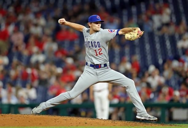 Codi Heuer of the Chicago Cubs delivers a pitch in the eighth inning during a game against the Philadelphia Phillies at Citizens Bank Park on...