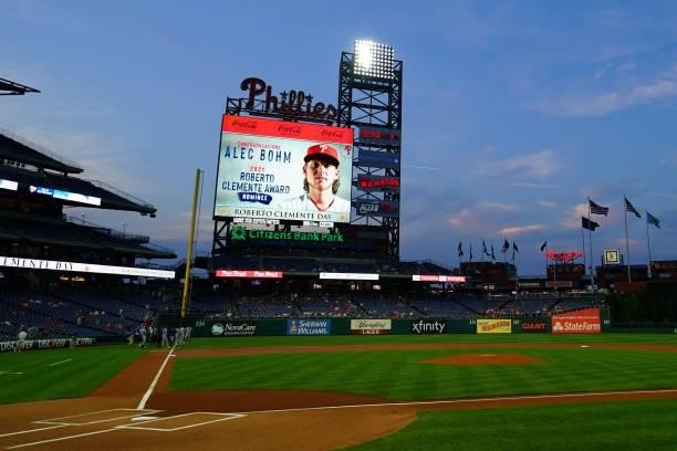 General view of the scoreboard with Roberto Clemente Award nominee Alec Bohm of the Philadelphia Phillies on display prior to the game between the...