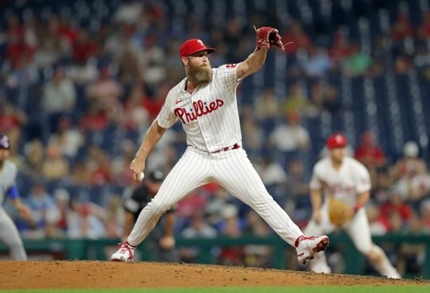 Archie Bradley of the Philadelphia Phillies throws a pitch in the eighth inning during a game against the Chicago Cubs at Citizens Bank Park on...