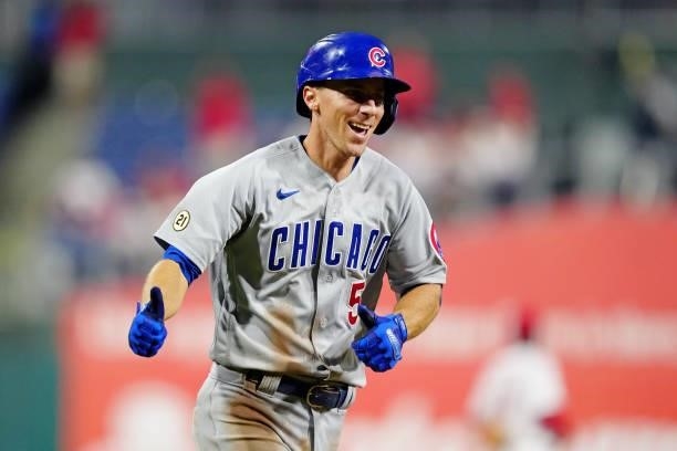 Matt Duffy of the Chicago Cubs celebrates after hitting a solo home run in the top of the ninth inning during the game between the Chicago Cubs and...