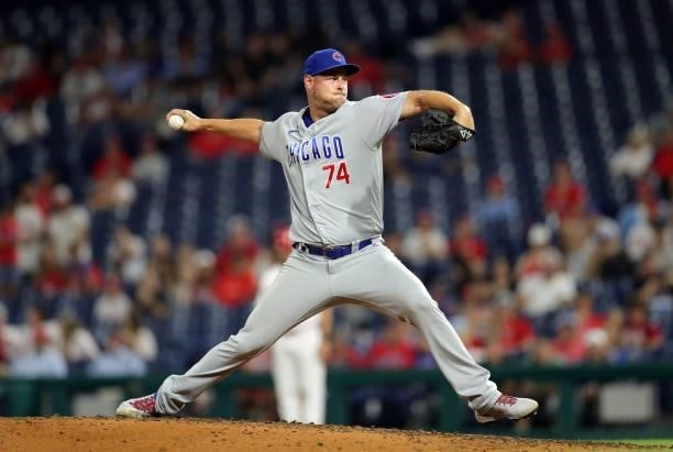 Trevor Megill of the Chicago Cubs delivers a pitch in the ninth inning during a game against the Philadelphia Phillies at Citizens Bank Park on...