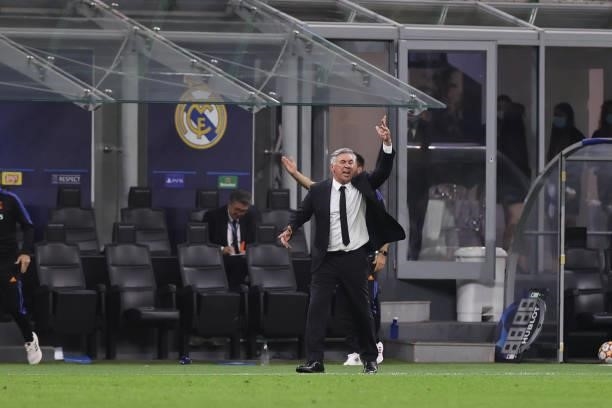Carlo Ancelotti Head Coach of Real Madrid CF reacts from the bench during the UEFA Champions League 2021/22 Group Stage - Group D football match...