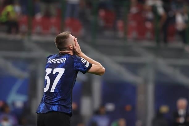 Milan Skriniar of FC Internazionale reacts during the UEFA Champions League 2021/22 Group Stage - Group D football match between FC Internazionale...