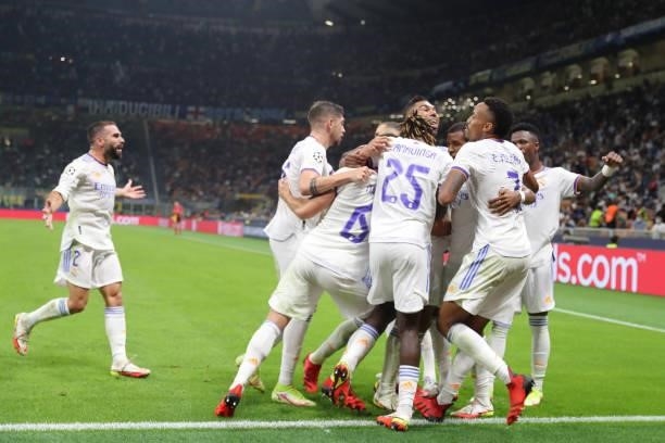 Rodrygo of Real Madrid CF celebrates with his teammates during the UEFA Champions League 2021/22 Group Stage - Group D football match between FC...