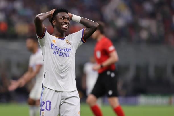 Vinicius Junior of Real Madrid CF reacts during the UEFA Champions League 2021/22 Group Stage - Group D football match between FC Internazionale and...