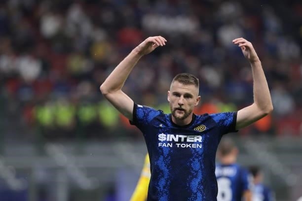 Milan Skriniar of FC Internazionale gestures during the UEFA Champions League 2021/22 Group Stage - Group D football match between FC Internazionale...